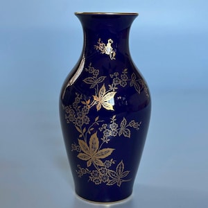 Jarrón vintage Lindner Echt Cobalt/Porcelana floral dorada de Alemania Occidental