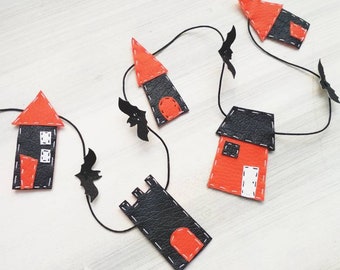 Leatherette Halloween Garland - Miniature Houses - Haunted House - Bats - Spooky Houses Wall Decor - Door Garland - Halloween Decorations