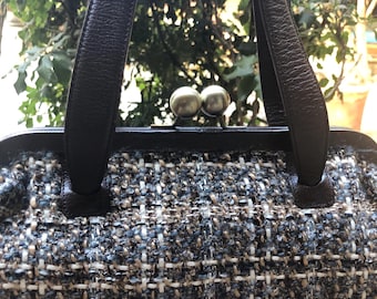 wool handbag kisslock brown leather top handle shoulder bag Nordstrom vintage bag plaid brown wool tote satchel large leather woven handbag