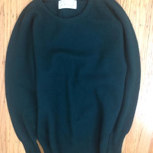 May include: A dark green long-sleeved sweater with a crew neck.