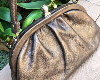 vintage leather bag Margolin retro brown leather top handle mid-century vintage purse handbag pebble leather vintage handbag snap-button