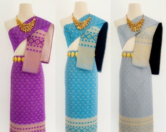 Set of Lao traditional dress, each set  including with  1 skirt and 1 sabai, Made to order