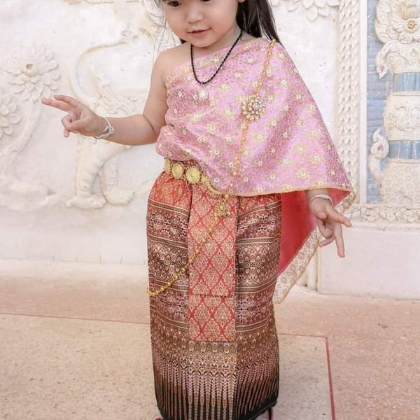 Vente 15 % Robe traditionnelle thaïlandaise pour fille, robes khmères 5-10 ans, robe traditionnelle thaïlandaise pour enfant, robe thaïlandaise, vêtements pour enfants thaïlandais,