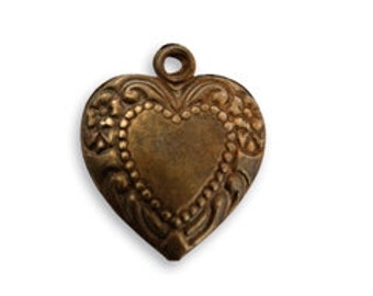 Vintaj Brass Cherished Heart Pendant, Heart Charm, Brass, Etched Heart Charm