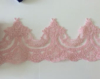 Pink guipure lace 12 cm wide embroidered with mini sequin