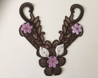 Applique brodé et perlé 20*18 cm marron à coudre