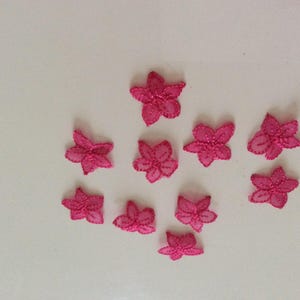May include: Ten pink lace flower embellishments, each with five petals, arranged in a semi-circle on a white background.
