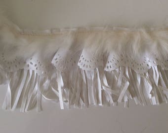 Rabbit feather ribbon with fringe and white leather faux lace
