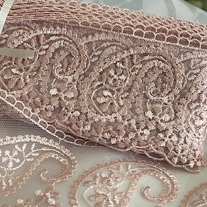 Pizzo ricamato in tulle rosa antico 7 cm, pizzo fine,
