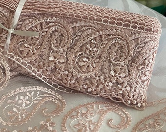 Embroidered lace in old pink tulle 7 cm, fine lace,