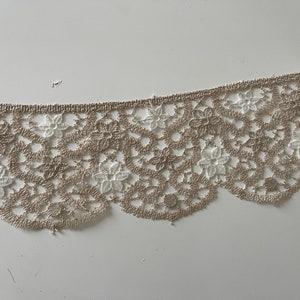 May include: Close-up of a beige lace trim with a floral pattern. The lace features a scalloped edge and a repeating design of flowers and openwork. The trim is likely used for sewing, crafting, or adding decorative detail to garments or home decor.