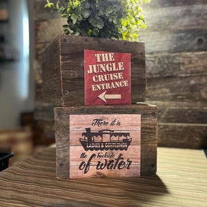 Disneys djungelkryssning Baksidan av vattnet Indiana Jones stapelbar trälåda med slitet skick Disneyland WDW attraktion växtställ