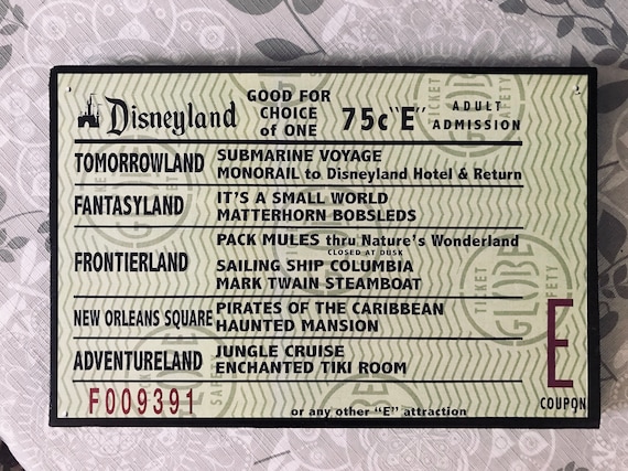 Disneyland Vintage E Ticket Attraction Jungle Cruise Small World Pirates of the Caribbean Haunted Mansion Matterhorn Home Decor Art Sign