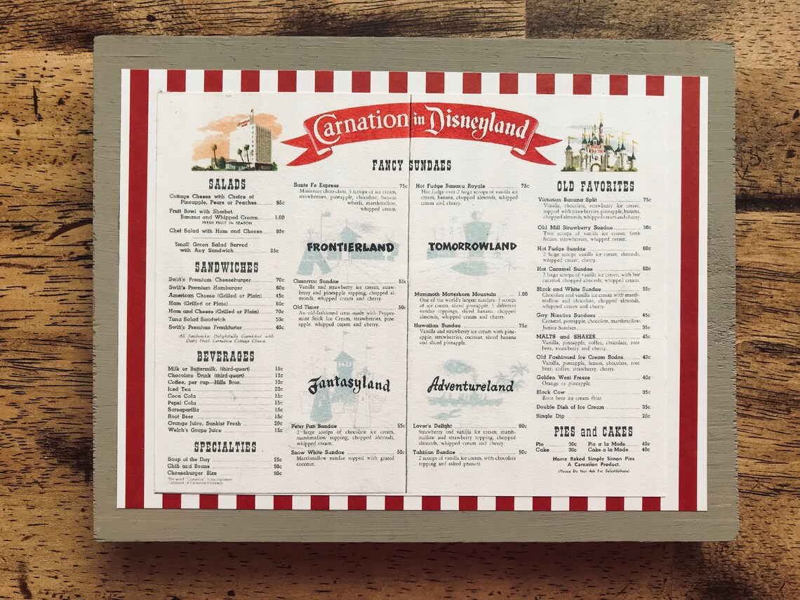 Vintage Carnation Cafe Menu Disneyland Disney Home Decor Etsy