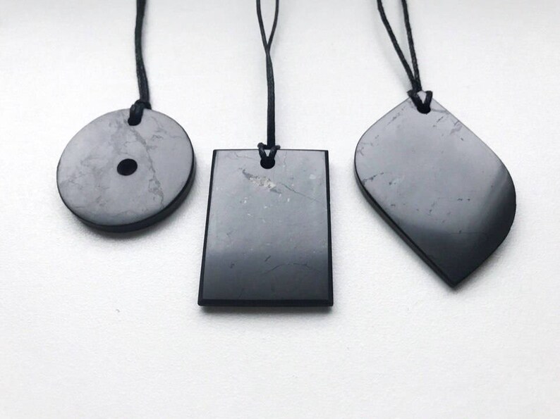Shungite Pendants Set of 3 pcs Petal Rectangle Talisman Magic Aura Stone Protection Healing Karelia Original Polished Jewelry Circle