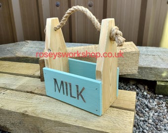Handmade Wooden Rustic Milk Caddy. Storage Caddy. Milk Bottle Carrier.