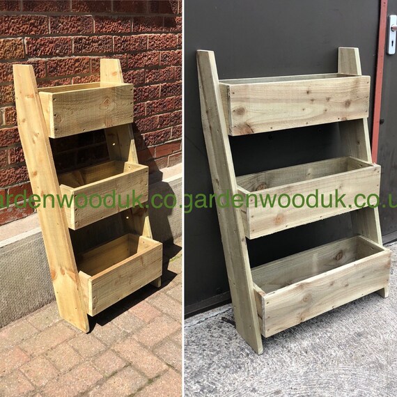 Rustic Wooden 3 Tiered Garden Herb Planter. Freestanding Leaning Ladder Planter. Multi-Level Planter. Step Vertical planter