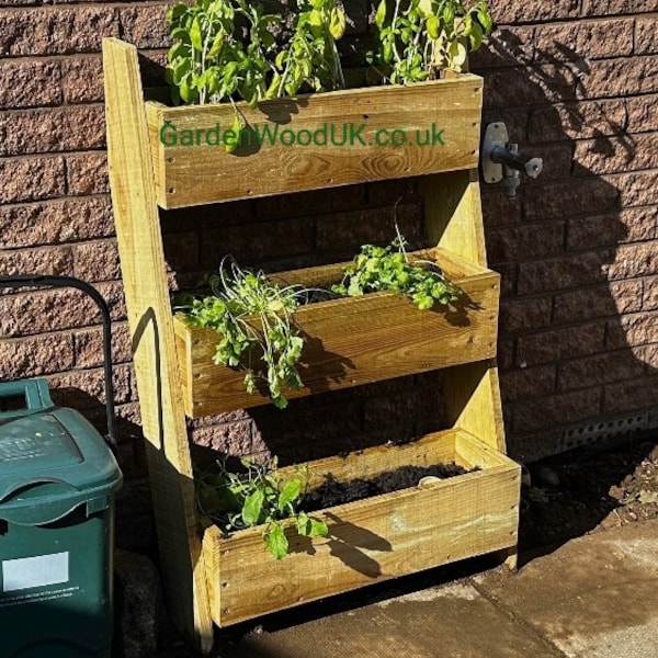 Rustic Wooden 3 Tiered Garden Herb Planter. Freestanding Leaning Ladder Planter. Multi-Level Planter. Step Vertical planter