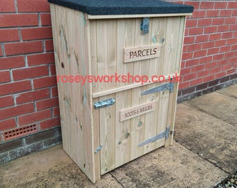 Personalised Outdoor Wooden Tall Doorstep Muddy Boots and Parcel Box Combo Unit. Garden Storage