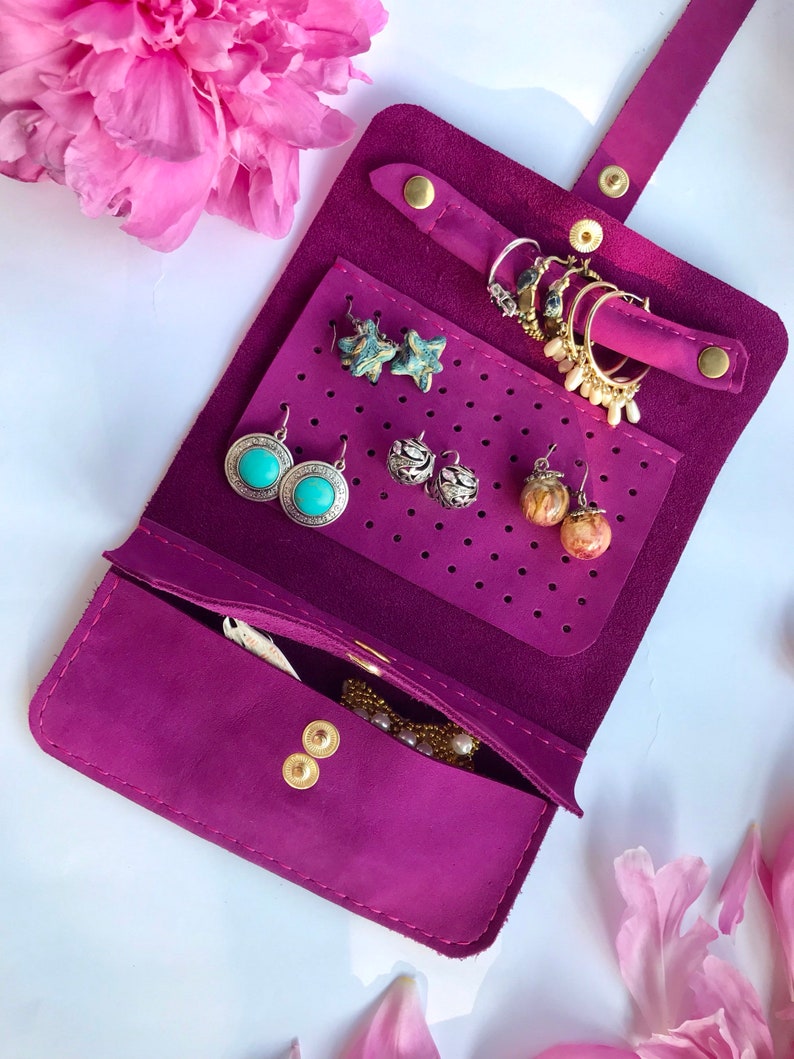 Gift for her. Jewelry leather organizer for travel Earrings and rings storage Personalized Jewelry roll-case