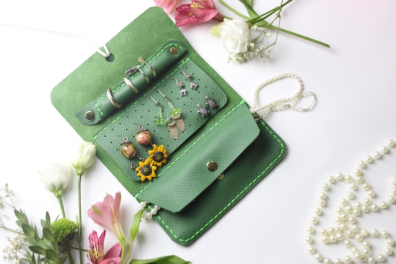 Gift for her. Jewelry leather organizer for travel Earrings and rings storage Personalized Jewelry roll-case