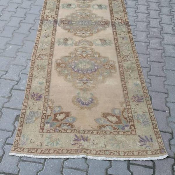 Vintage Pastel Turkish Runner Rug, Faded Runner Rug, Oushak Runner Rug, Vintage Anatolian Runner Rug, Hallway Rug, Entry Rug, Kitchen Rug