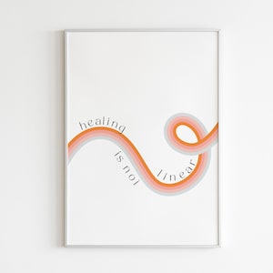 Puede incluir: Una impresión enmarcada en blanco con un diseño de arcoíris colorido que dice "la curación no es lineal".