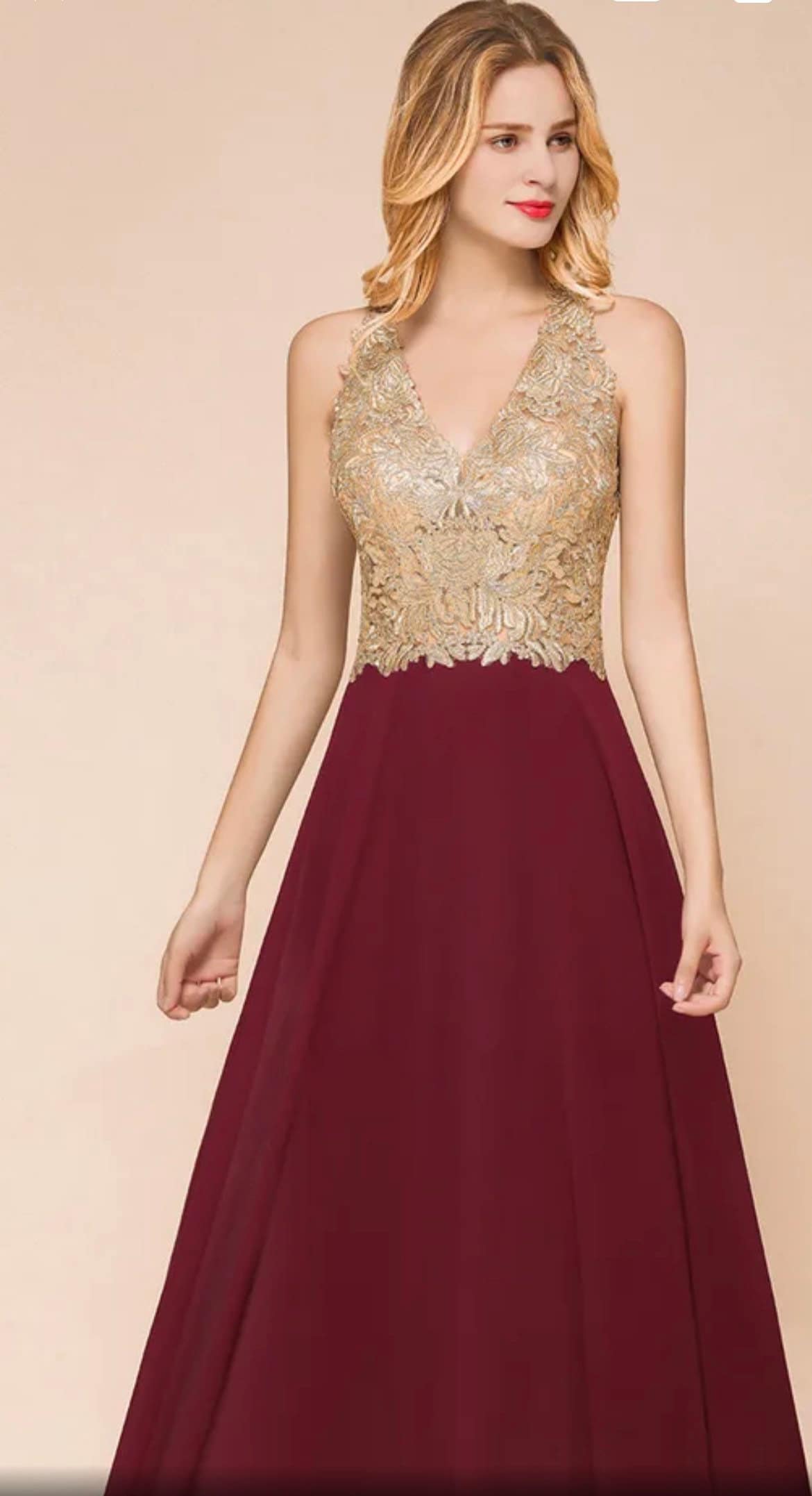 Gold and Burgundy Prom Dress Evening Dress Size Uk 10 Chest 88