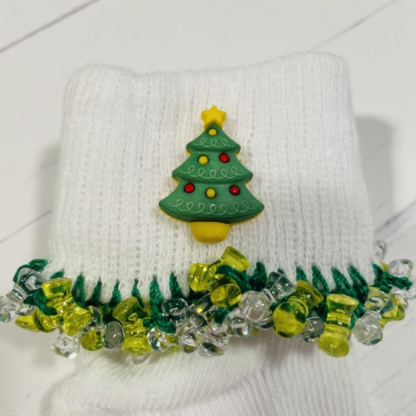 Christmas Tree Beaded Socks with yellow tri-beads, holiday socks, Christmas Socks, crazy sock day, toddler, women, girls, Trees