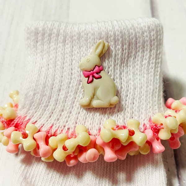 White Chocolate Easter Bunny with Pink Bow Beaded Socks, Easter socks, girls socks