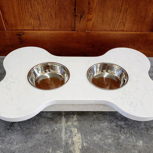 DOG BOWL FEEDER. Carrara quartz, large stone pet bowl water food feeder