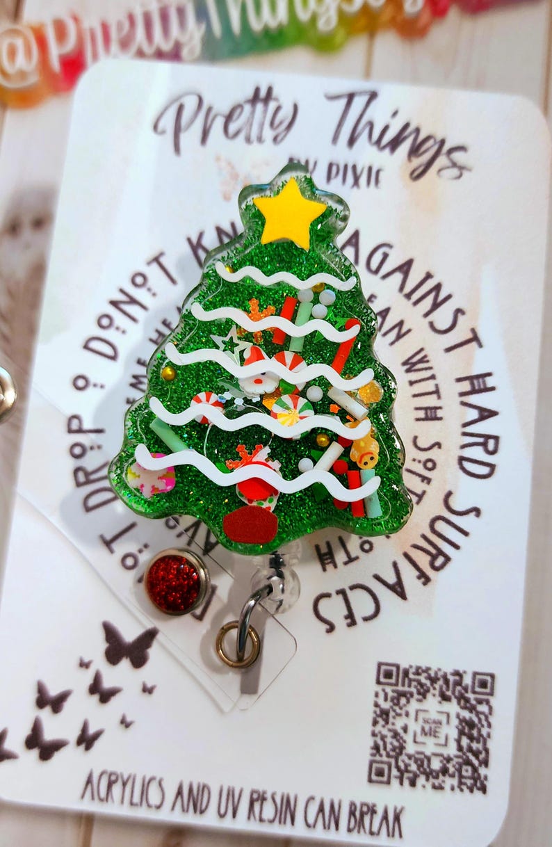Christmas Tree Shaker Badge Reel, Keychain, Paperclip Bookmark, Fun Badge Reel, 3D badge reel, Floating badge reel, Holiday Badge Reel bild 3