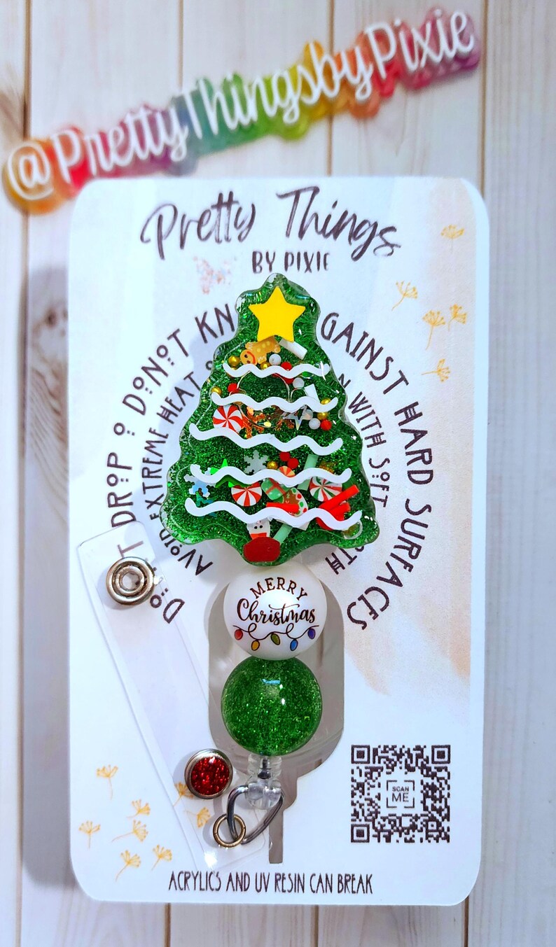 Christmas Tree Shaker Badge Reel, Keychain, Paperclip Bookmark, Fun Badge Reel, 3D badge reel, Floating badge reel, Holiday Badge Reel bild 2