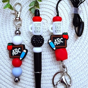 Coffee Teach Repeat Lanyard/Chalk Teacher Lanyard/ABC School Lanyard/Beaded Lanyard/RD Mug/School Gift/Teacher Appreciation/Teacher Key Ring