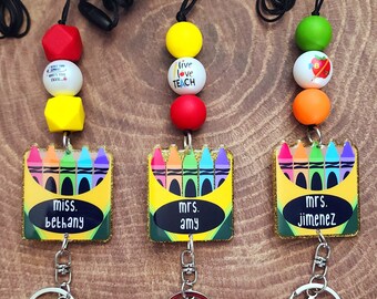 Personalized Crayon Box Lanyard, Teacher Lanyard, School Lanyard, Custom Teacher Gift, Gift for Teacher, Crayon Box, Pencils, Beaded Lanyard