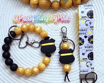 Beaded Dispatcher Keychain/911 Beaded Wristlet/Thin Yellow line wristlet/First Responder/Dispatch Wristlet/911/Dispatch Keychain