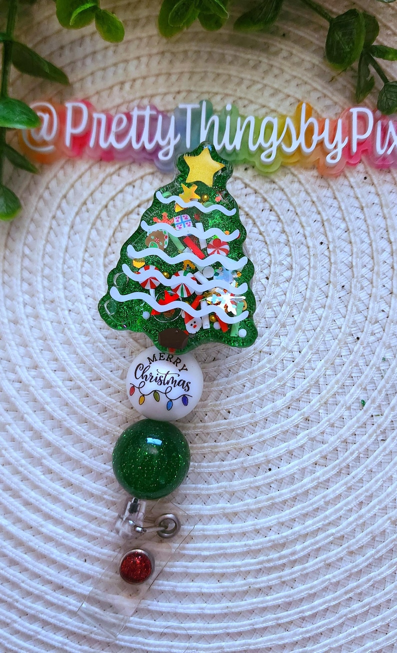 Christmas Tree Shaker Badge Reel, Keychain, Paperclip Bookmark, Fun Badge Reel, 3D badge reel, Floating badge reel, Holiday Badge Reel bild 9