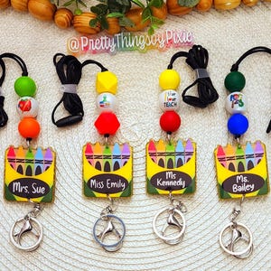 Personalized Crayon Box Lanyard, Teacher Lanyard, School Lanyard, Custom Teacher Gift, Gift for Teacher, Crayon Box, Pencils, Beaded Lanyard