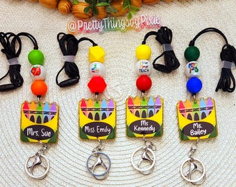 Personalized Crayon Box Lanyard, Teacher Lanyard, School Lanyard, Custom Teacher Gift, Gift for Teacher, Crayon Box, Pencils, Beaded Lanyard