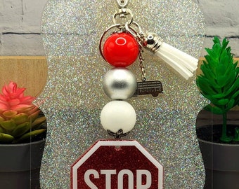 Crossing Guard Beaded Keychain with Stop Sign & School Bus Charm