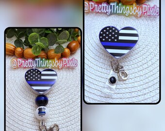 Thin blue line flag heart retractable badge reel, ID holder | police, law enforcement, police gifts, police mom, back the blue , Wife, Mom