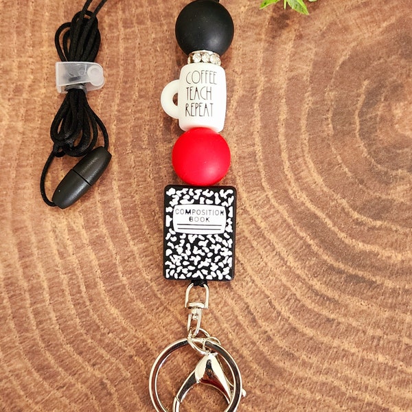 Coffee Teach Repeat Beaded Lanyard/Composition Book Lanyard/Coffee Teach Repeat Mug Lanyard/Teacher Lanyard/Teacher Gift