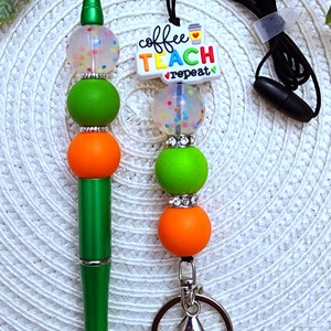 Coffee Teach Repeat Lanyard/Teacher Lanyard/School Lanyard/Beaded Lanyard/Teacher Gift/School Gift/Teacher Appreciation, Coffee Teach Repeat
