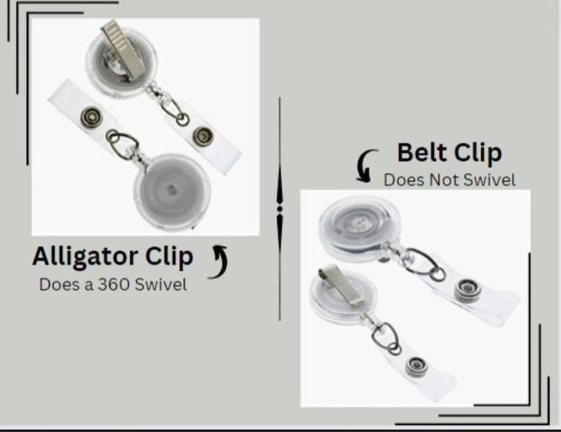 May include: Two clear retractable badge reels with different clip styles. The reel on the left has an alligator clip that swivels 360 degrees. The reel on the right has a belt clip that does not swivel.