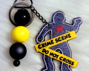 Crime Scene Keychain: Body Outline, Bubblegum Bead Charm, Crime Scene Keychain