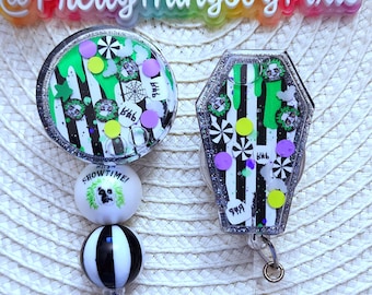 Beetle Coffin Shaker Badge Reel, Halloween Creepy Retractable ID Holder