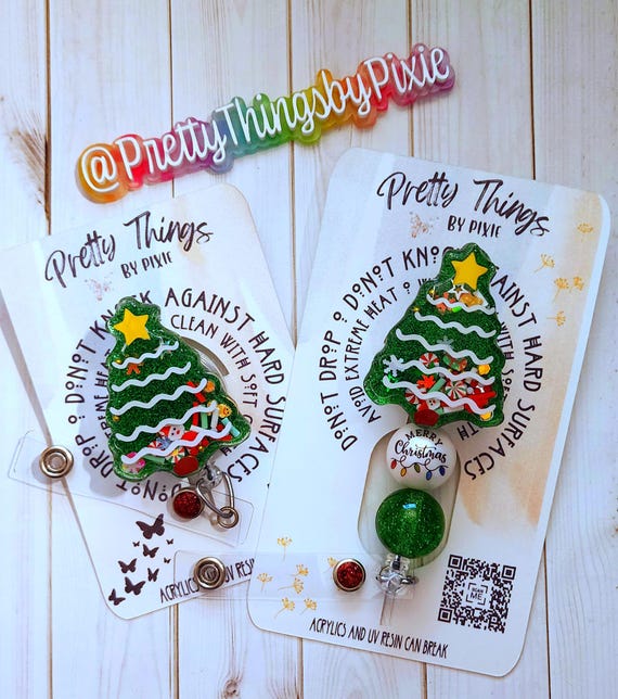 Christmas Tree Shaker Badge Reel, Keychain, Paperclip Bookmark, Fun Badge Reel,  3D badge reel, Floating badge reel, Holiday Badge Reel
