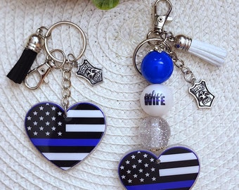 Thin Blue Line Keychain, Police Keychain, Beaded Keychain, Police Gifts Women, police gifts, police mom, back the blue keychain, Wife, Mom
