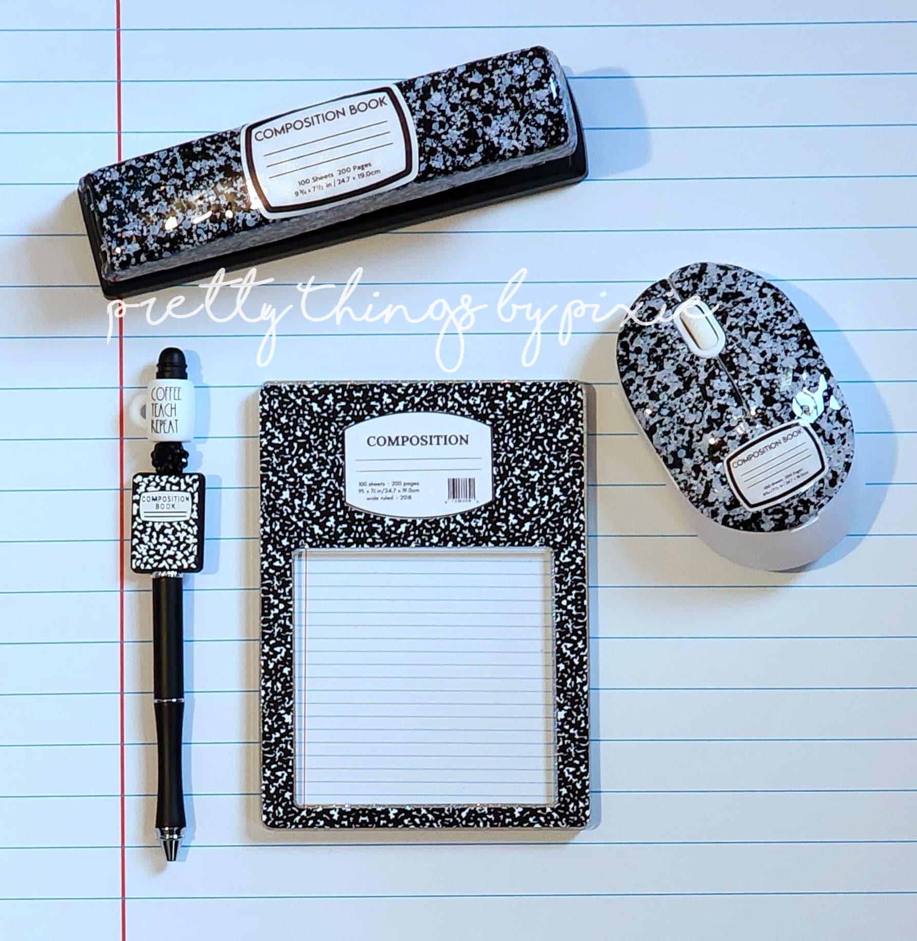 Personalized Glitter Stapler, Composition Wireless Mouse, Notebook Paper, Teacher Desk Accessories, Sticky Note Holder, Beaded RD Mug Pen