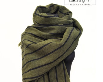 Linen Scarf: Extra Long Striped Fringed Shawl, Forest Green